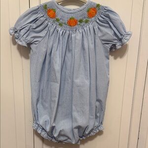 Bailey Boys 12m Blue Gingham Baby Romper with Orange Pumpkin Smocked Embroidery